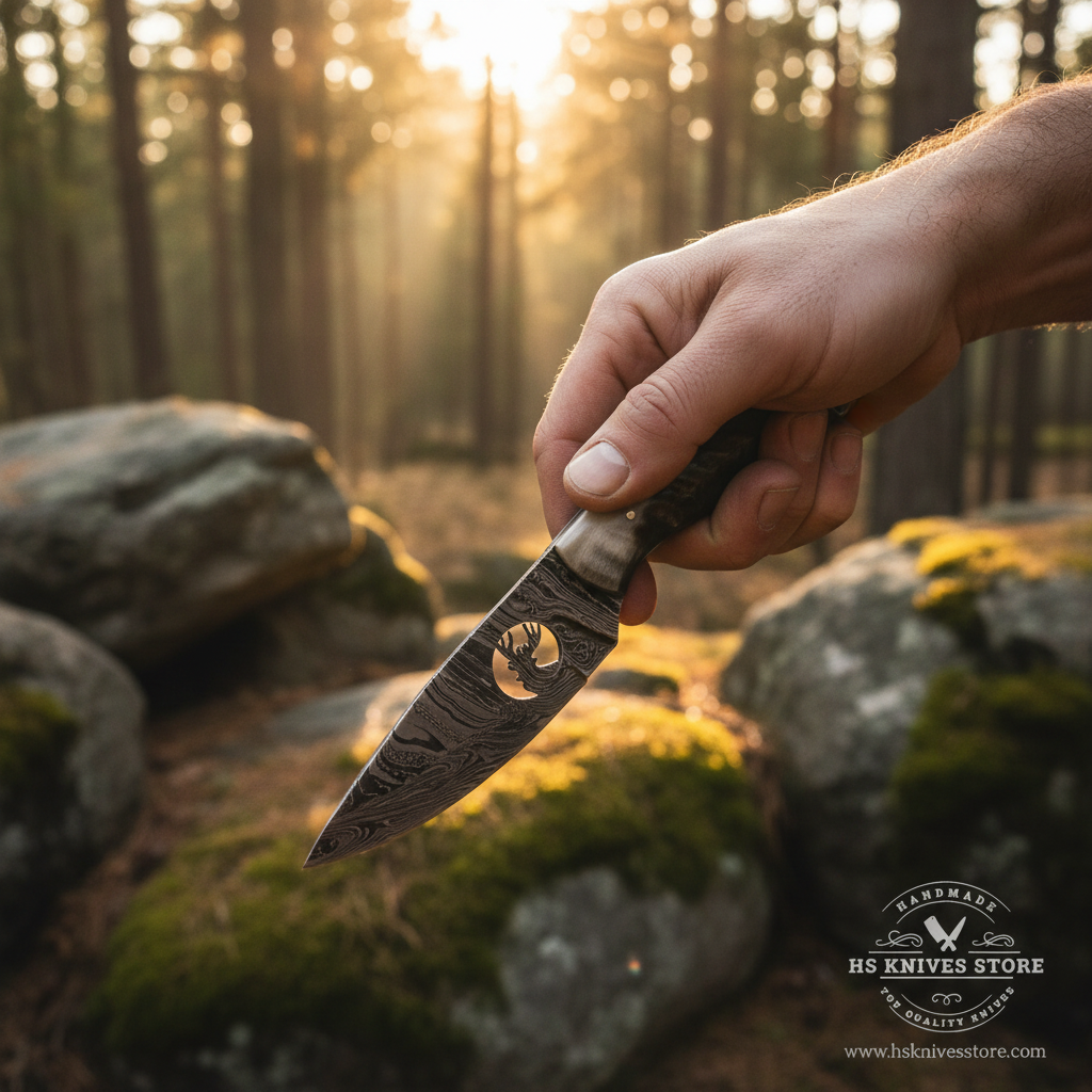 Hunter hand gripping natural ram horn handle Damascus steel skinner knife in field dressing pose outdoor forest golden sunlight