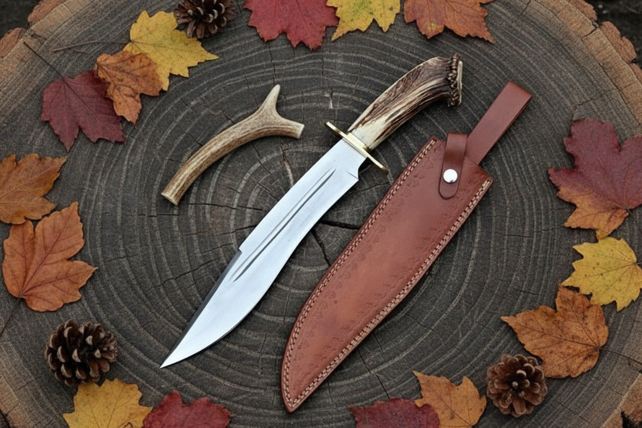 D2 Bowie knife flat lay rustic wood surface with leather sheath and antler