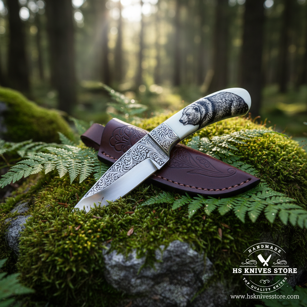 D2 steel engraved skinner knife with bear engraved white resin handle and burgundy leather sheath on mossy rocks in forest outdoor setting