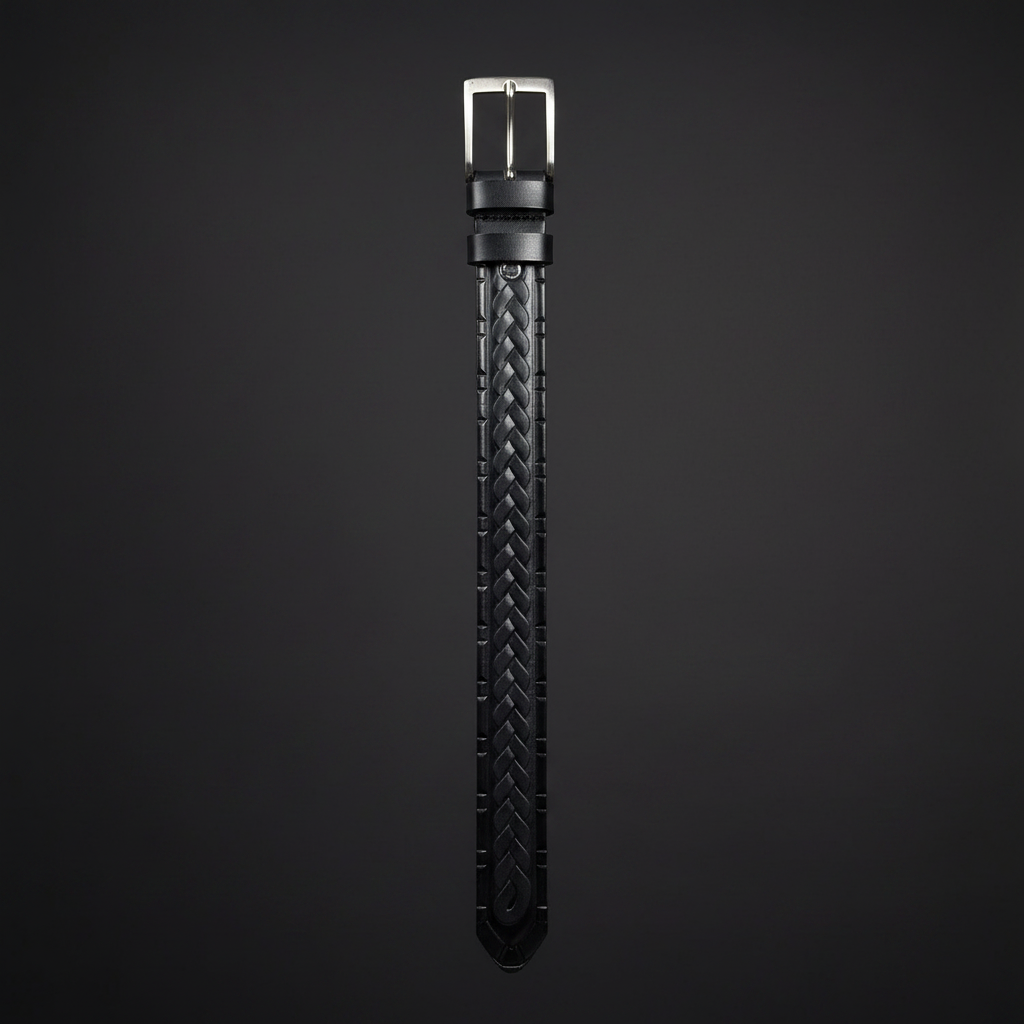 Hand-tooled black leather western belt hanging vertical charcoal background full length