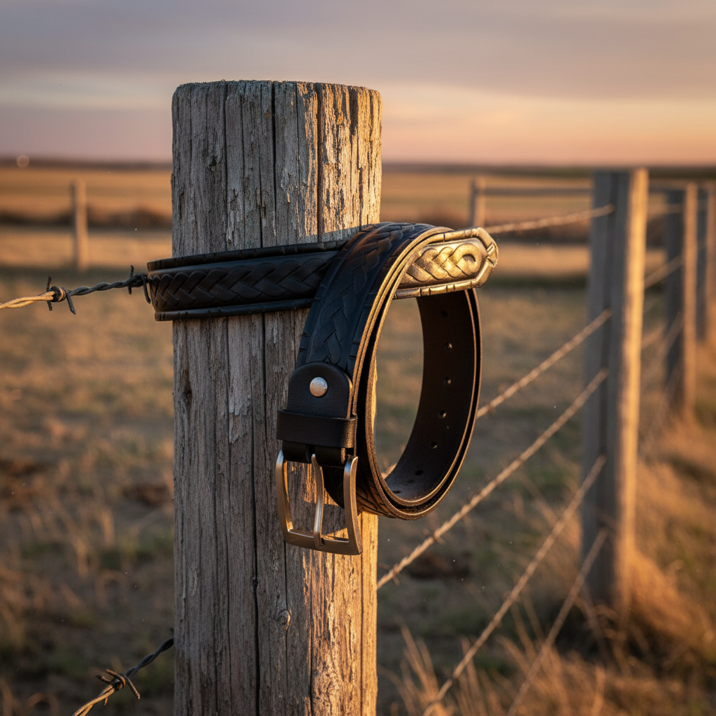 Hand-tooled black leather western belt coiled ranch fence post golden hour lifestyle