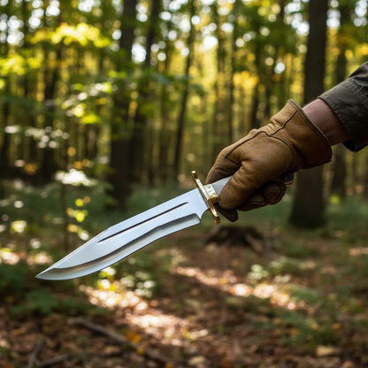 Hunter holding handmade Bowie knife with brass guard and stag horn handle outdoors field use www.hsknivesstore.com