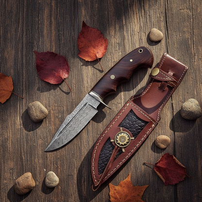 Handmade Damascus hunting knife flat lay on rustic wood with embossed leather sheath