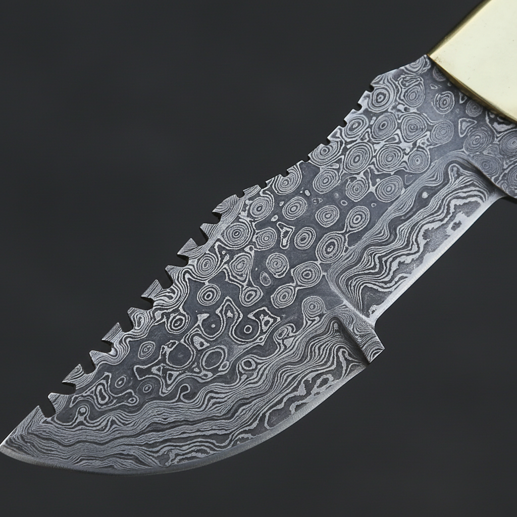 Raindrop Damascus steel blade pattern macro close-up on tracker knife with serrated spine detail