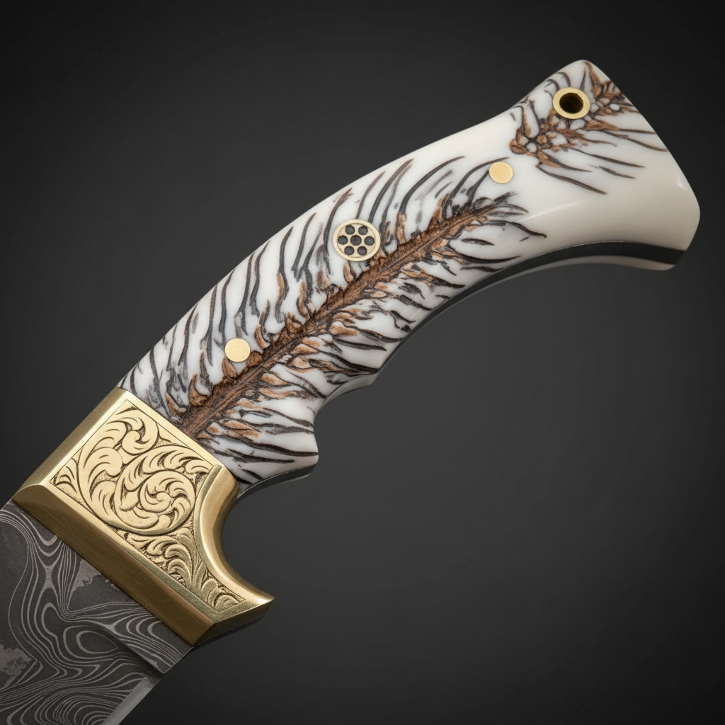Close-up macro of white resin handle with hand-engraved eagle feather artwork and ornate brass bolster