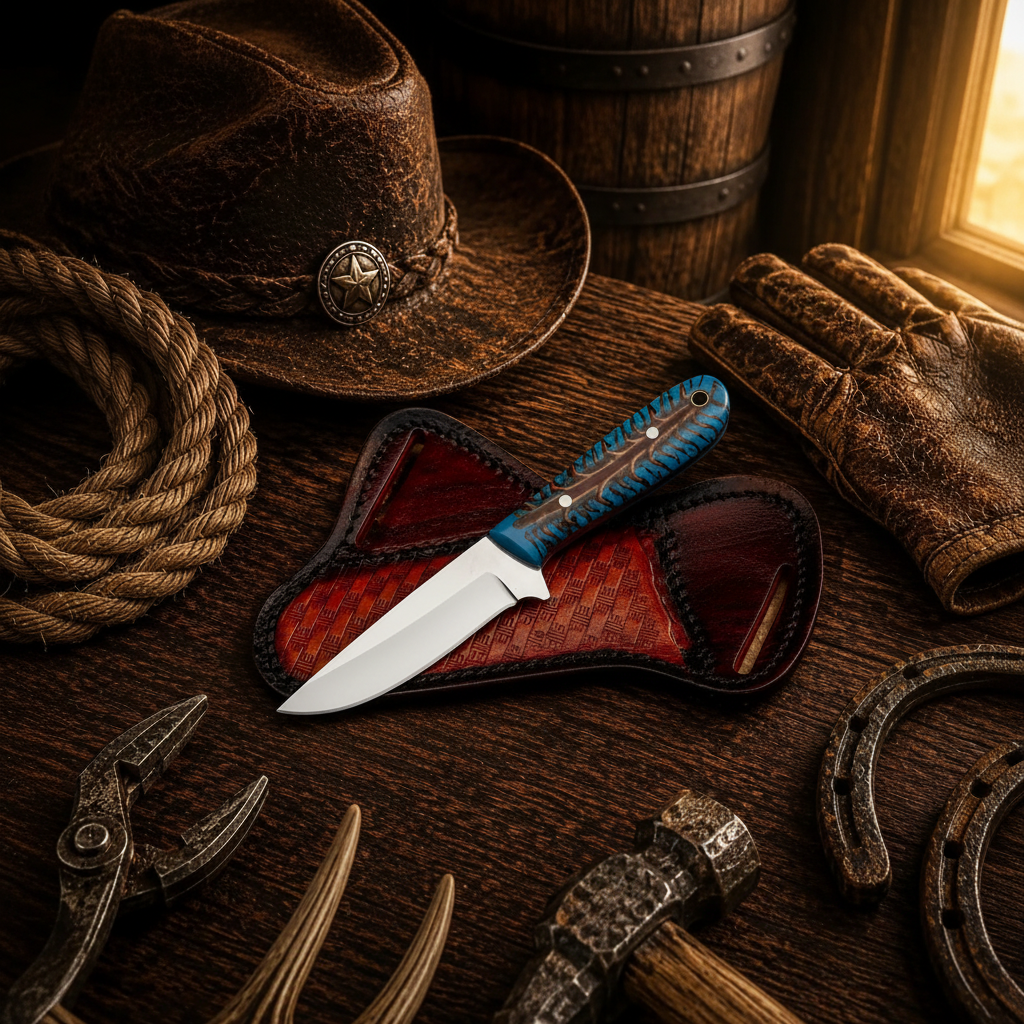 Buckaroo D2 steel cowboy knife with turquoise pine cone handle and pancake sheath in a western gift display
