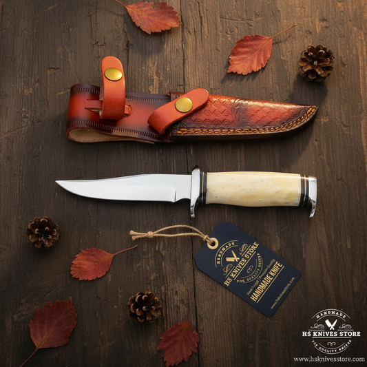 J2 steel hunting knife flat lay with bone handle and HS Knives Store hang tag on rustic dark wood with autumn leaves