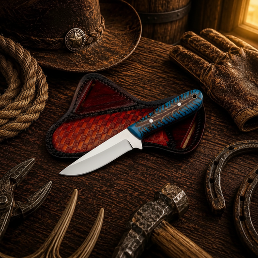 Front view of a Buckaroo D2 steel cowboy knife with stabilized turquoise pine cone handle and pancake leather sheath