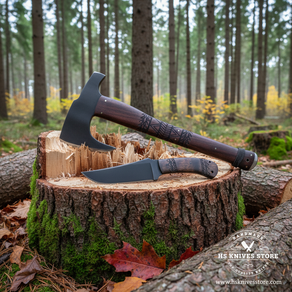 Carbon steel Viking axe and knife gift set resting on chopped wood logs in outdoor forest setting both pieces clearly visible