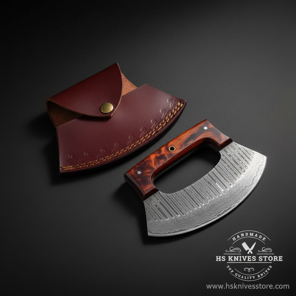 Damascus ulu knife with tortoiseshell resin handle and burgundy crescent leather sheath mirror view on dark charcoal background