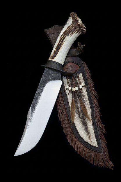 Handmade 1095 high carbon steel Bowie knife with forged black spine mirror polished edge stag crown antler handle and black steel guard on black background dramatic studio lighting