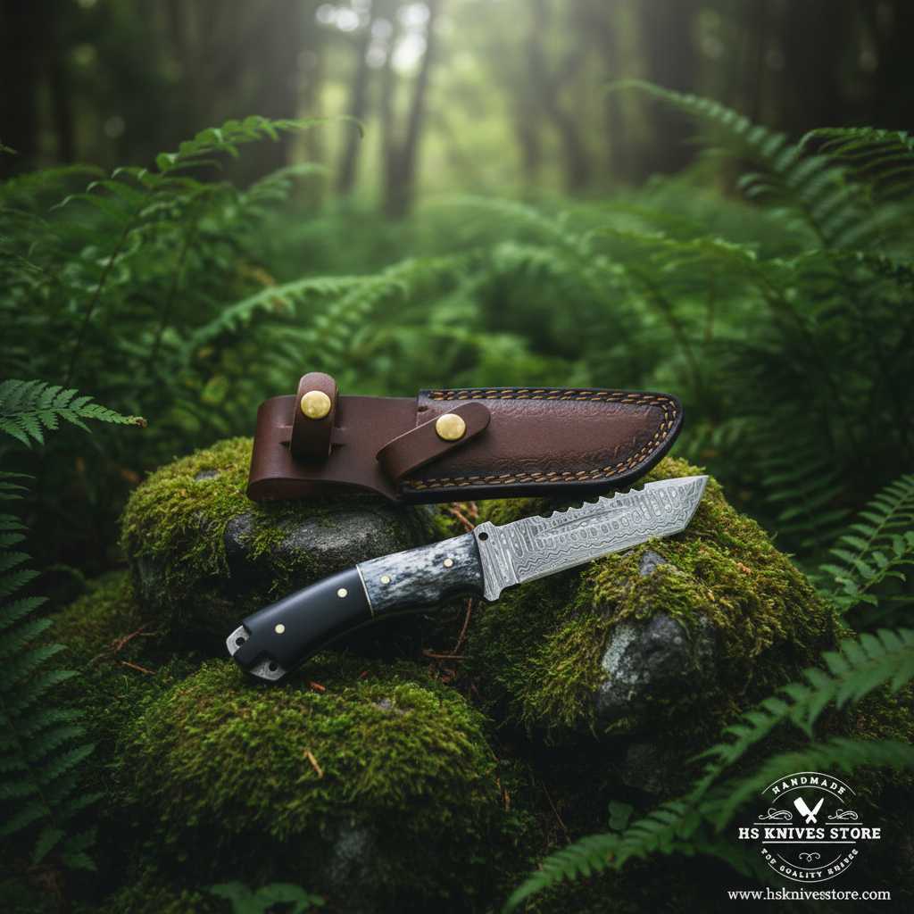 Damascus tanto skinner knife with micarta bone handle and brown leather sheath close up on mossy rocks in outdoor forest setting