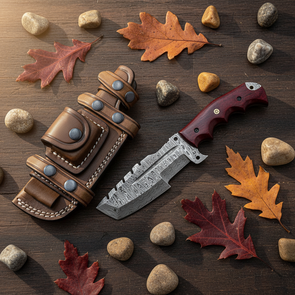 Handmade Damascus tracker knife flat lay on rustic wood with dark leather sheath and rivets