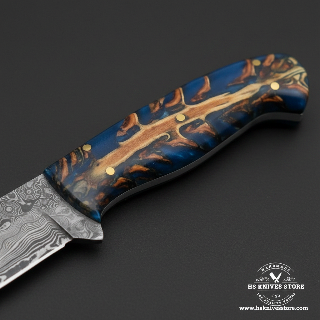 Macro view of blue resin stabilized pine cone handle with natural pine cone scales visible through resin and brass pins on Damascus skinner knife