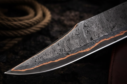 Close up macro shot of copper Damascus steel blade pattern showing copper and steel layered acid etched finish