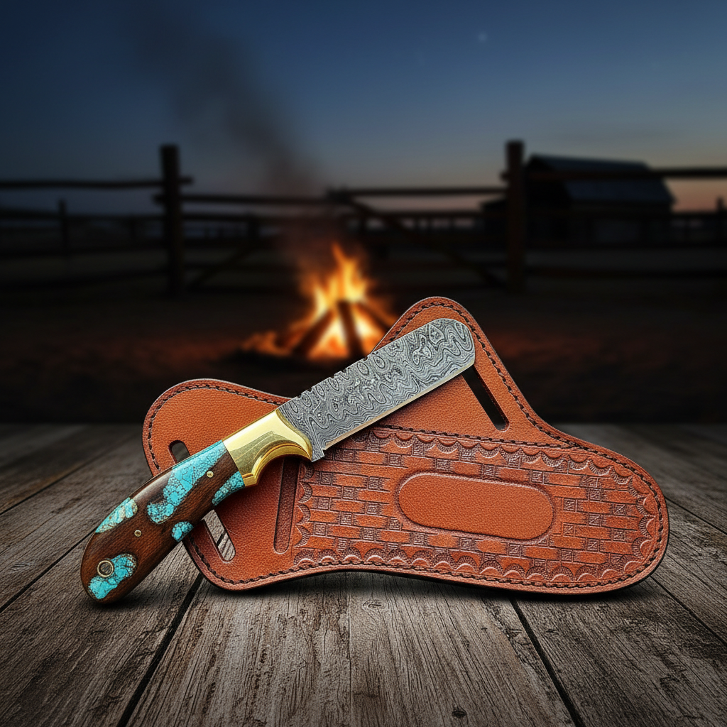 Reverse view of a Damascus bull cutter with wood resin handle near a western campfire
