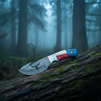 Damascus skinner knife on mossy log in misty rainy forest with water droplets on blade