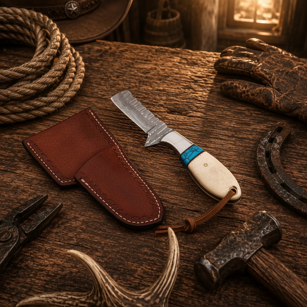 Back and reverse view of a full-tang Damascus Bull Cutter Knife with natural bone and turquoise inlay beside its leather sheath