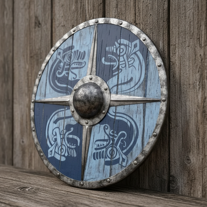 Angled handcrafted Viking Raven Shield with blue artwork, metal rim, rivets, bars, and raised boss