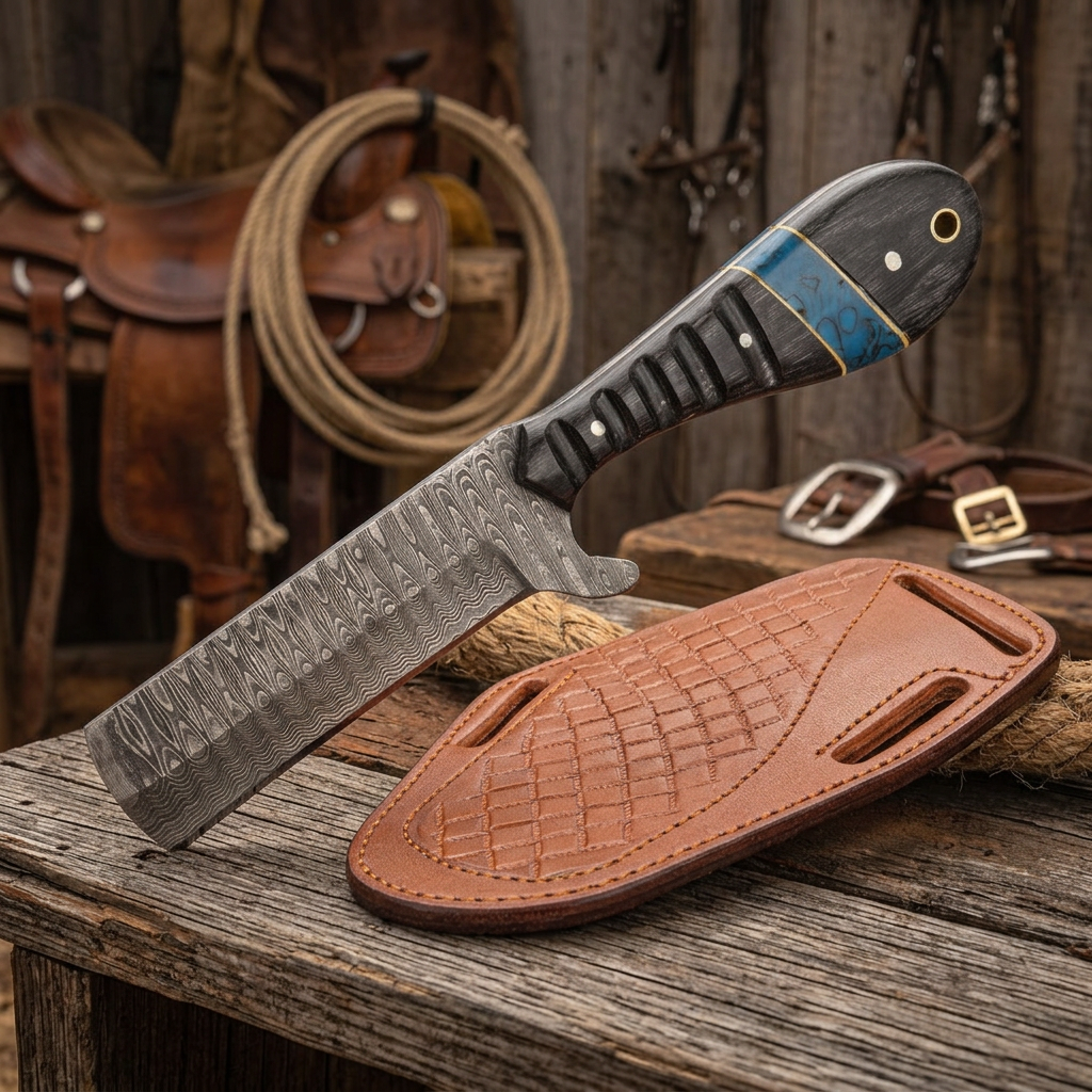 Right western view of broad Damascus Bull Cutter blade with grooved Pakka Wood handle and leather sheath