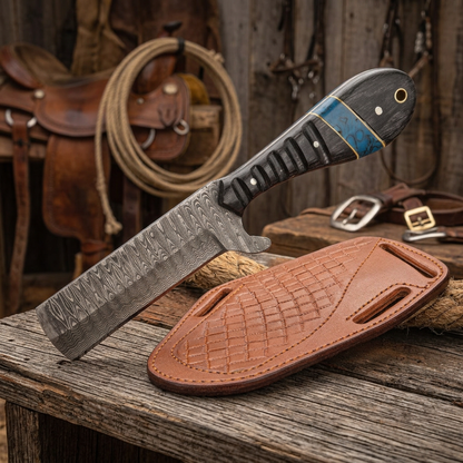 Right western view of broad Damascus Bull Cutter blade with grooved Pakka Wood handle and leather sheath