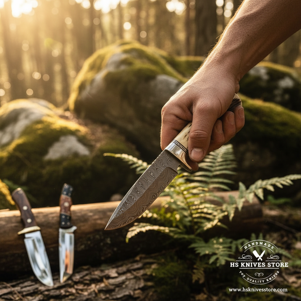 Hunter hand gripping Damascus stag antler hunting knife in action pose outdoor forest with golden sunlight