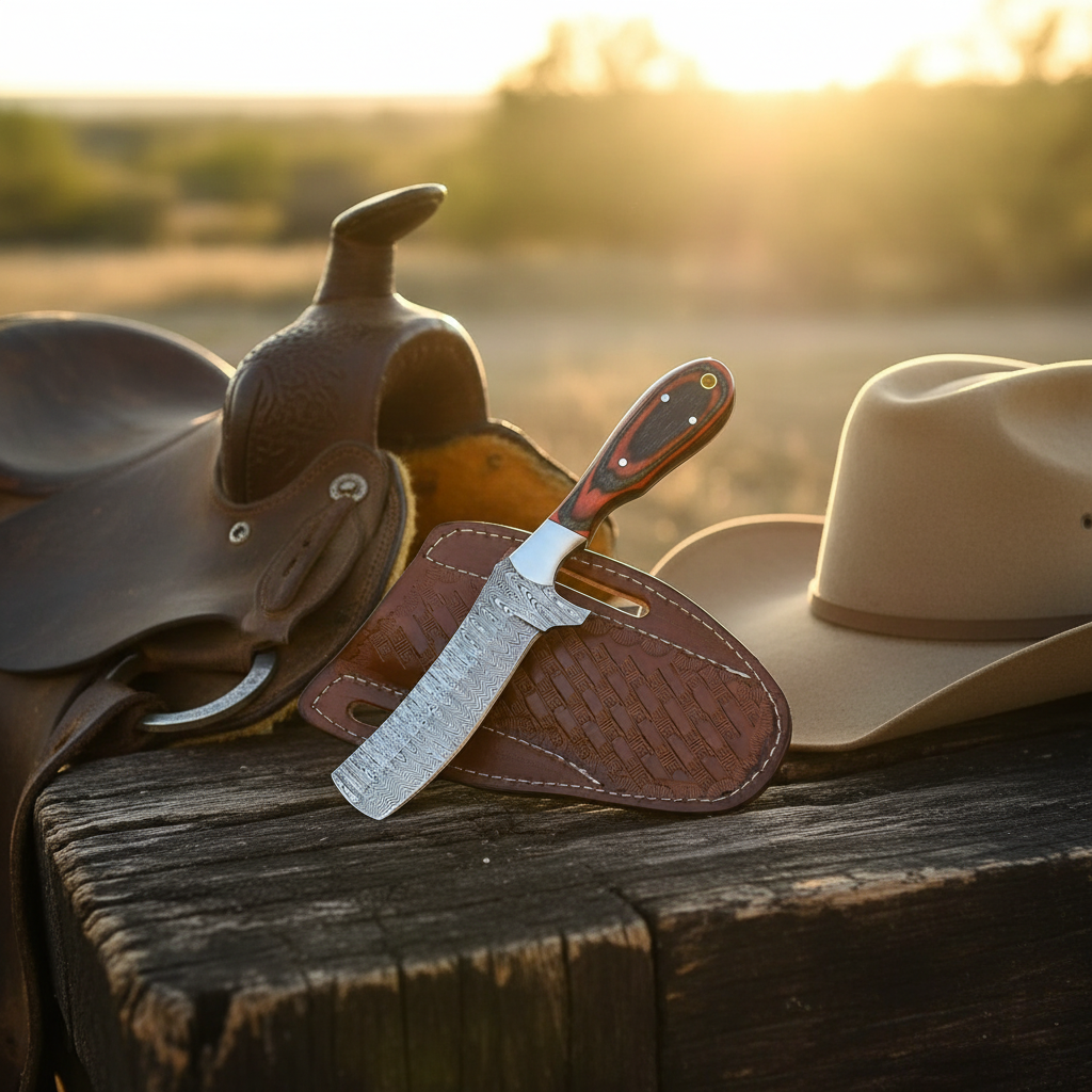 Handmade 7-inch Damascus bull cutter knife with hardwood handle and sheath at a Texas ranch