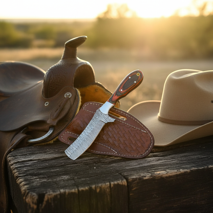 Handmade 7-inch Damascus bull cutter knife with hardwood handle and sheath at a Texas ranch
