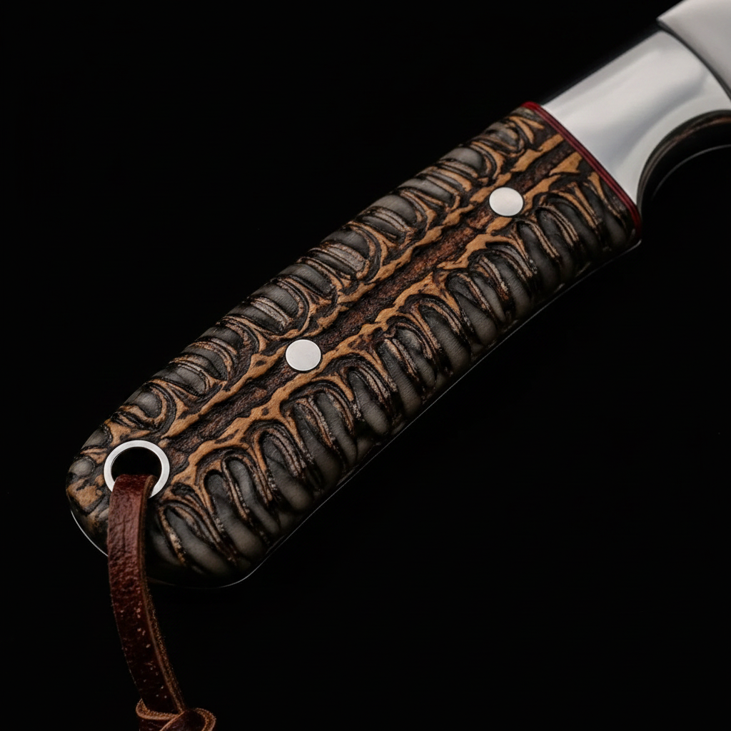 Close-up braided cord wrapped handle silver pins steel bolster handmade skinner knife macro detail