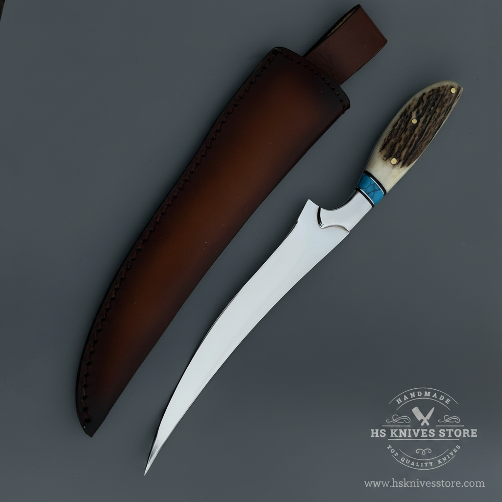 Spring steel fillet knife stag antler handle blue turquoise spacer dark chocolate brown leather sheath dark charcoal studio mirror direction