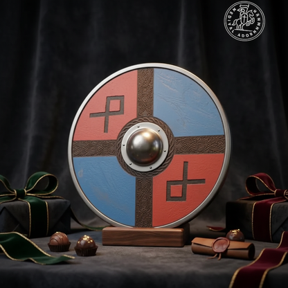 Exact red and blue round Viking shield shown at an angle with its carved face and outer rim visible