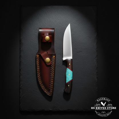 Carbon steel skinner knife displayed vertically on dark slate with wood turquoise resin handle and dark burgundy leather sheath luxury shot