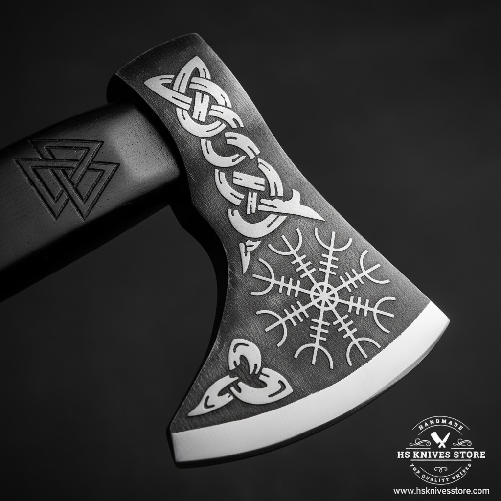 Close-up of carbon steel Viking tomahawk axe head showing hand-etched Celtic knots Vegvisir and Norse symbols