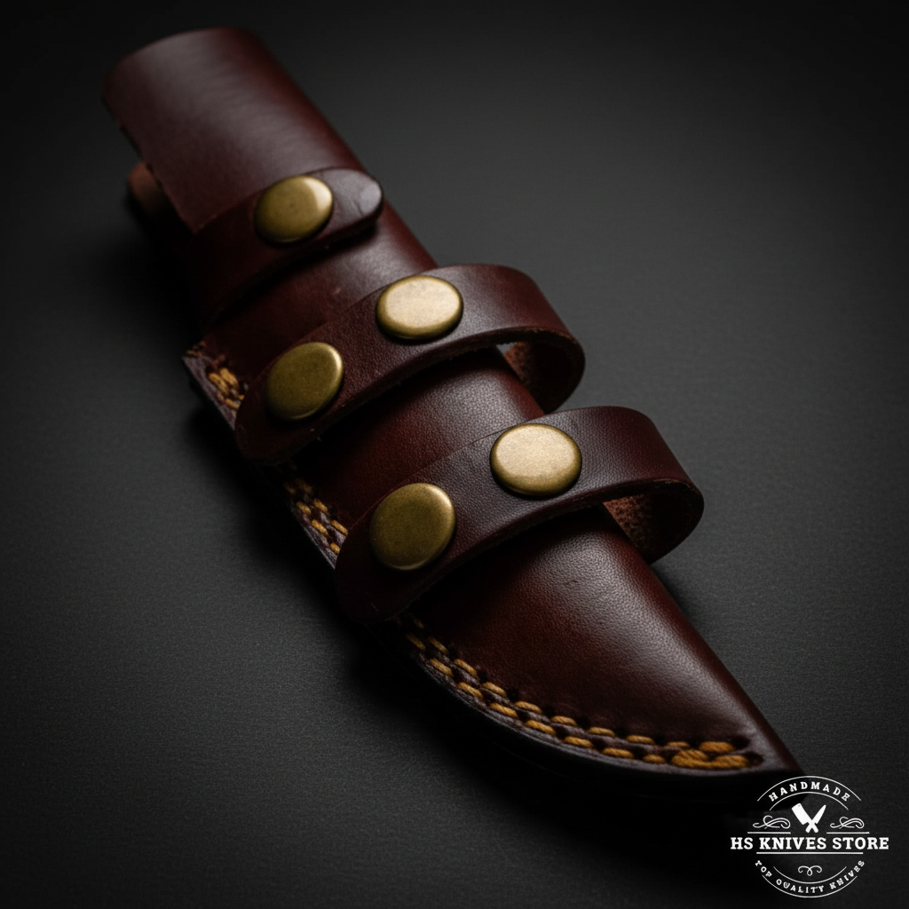 Close-up of dark burgundy leather belt knife sheath with three leather loops and four brass rivets and gold braided stitching macro detail