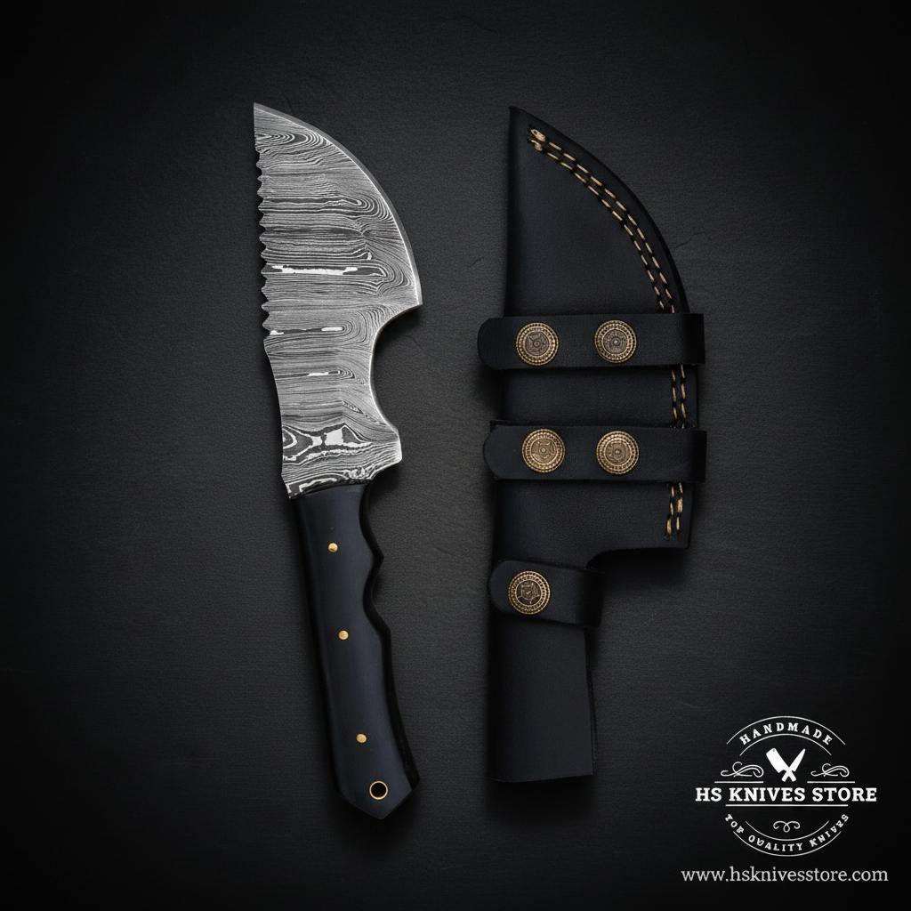 Opposite-facing black Micarta Damascus tracker hunting knife with leather sheath in studio lighting