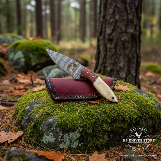 Damascus steel skinner knife moose etching resting on mossy rocks in outdoor forest setting with burgundy leather sheath