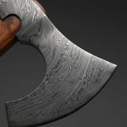 Damascus steel Viking bearded axe head close-up macro showing bold flowing layered pattern and sharp curved edge
