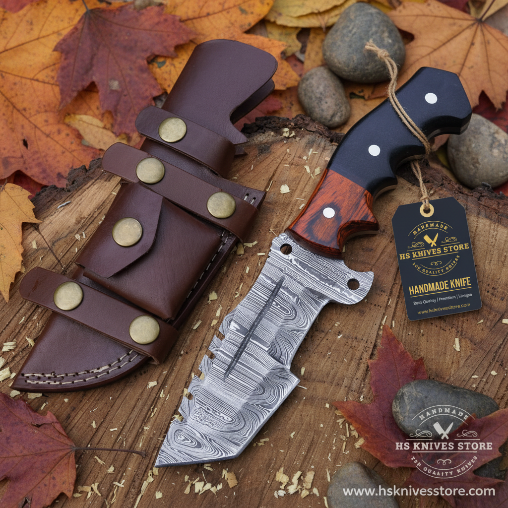 Damascus steel tracker knife two-tone micarta handle flat lay on dark rustic wood with HS Knives Store hang tag attached autumn leaves