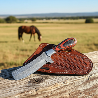 Damascus bull cutter knife with hardwood handle and sheath on a western ranch fence
