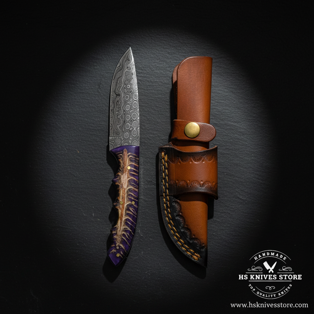 Damascus steel knife displayed vertically on dark slate with purple pine cone stag handle and tan leather sheath luxury shot