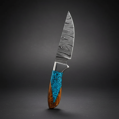 Damascus hunting knife turquoise resin handle vertical charcoal background luxury shot