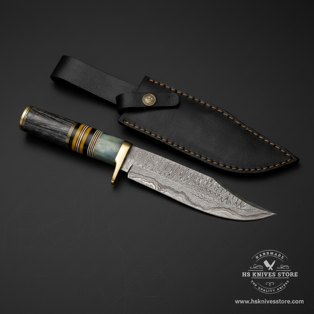 Damascus steel Bowie knife with abalone horn handle and black leather sheath on dark charcoal background studio shot