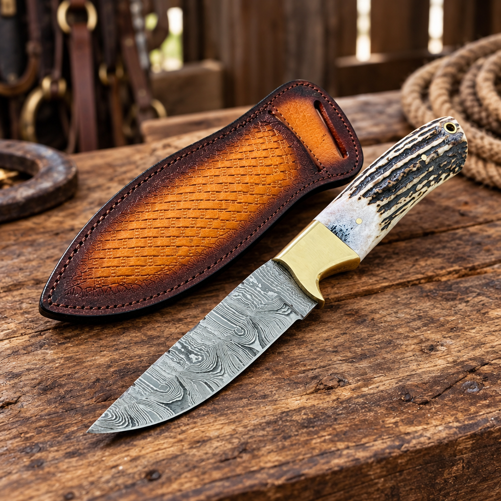 Left-side ranch view of the 4.25-inch patterned Damascus blade and genuine antler horn handle