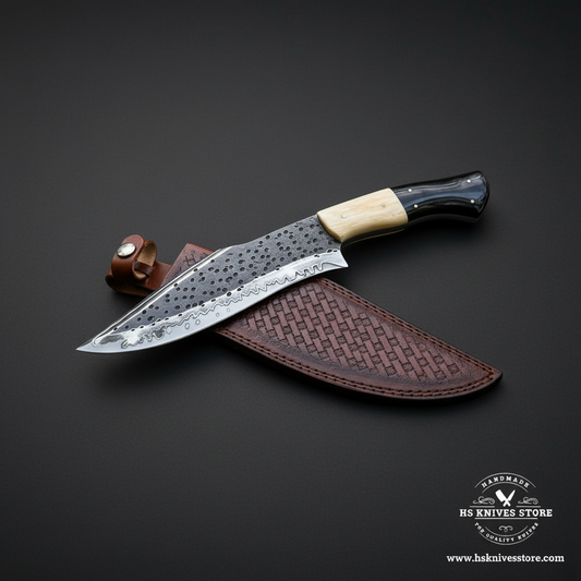 Carbon steel etched Bowie knife with two-tone bone horn handle mirror view on dark charcoal background