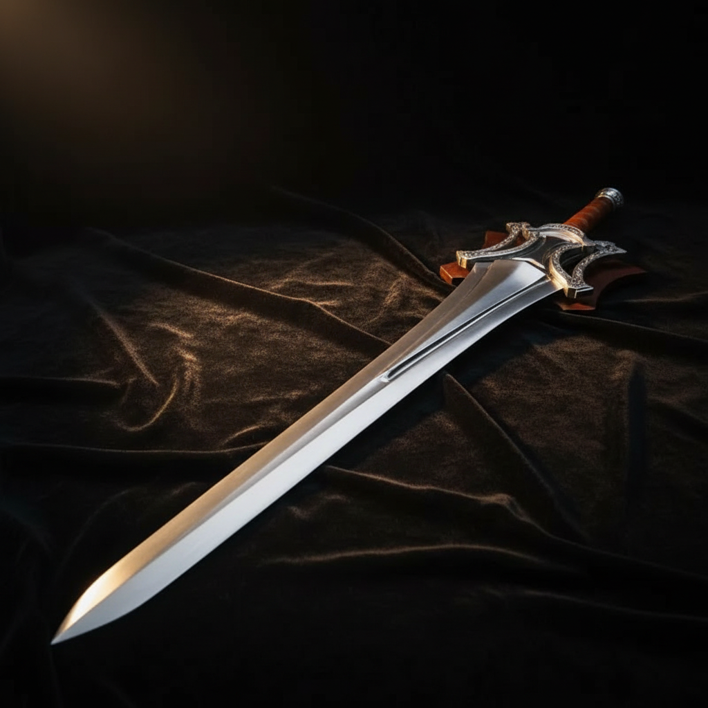Fantasy medieval broad sword displayed on dark black velvet luxury collector display shot