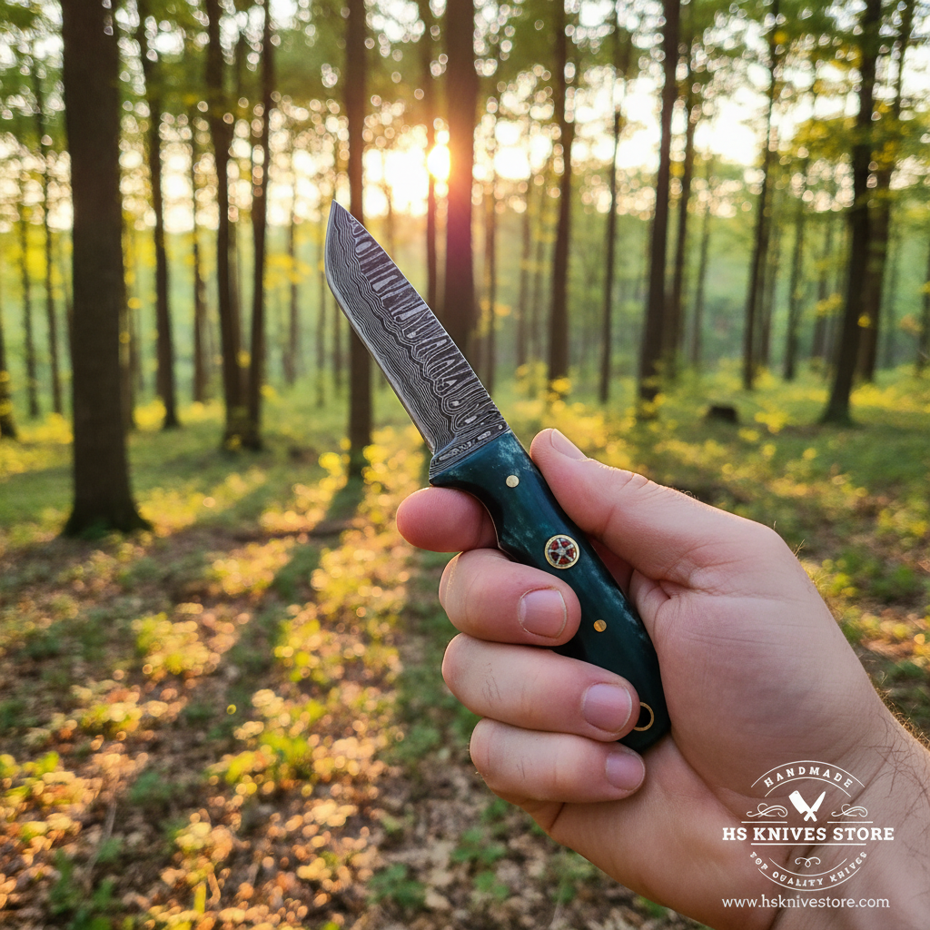 One hand gripping Damascus tanto skinner knife with dark teal bone handle in outdoor forest golden hour lifestyle photography