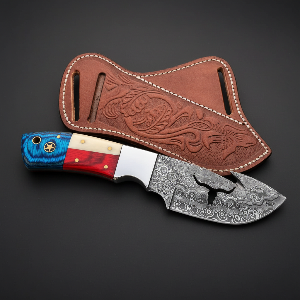 Handmade Damascus skinner knife with American flag handle and gut hook, dark charcoal studio background right facing