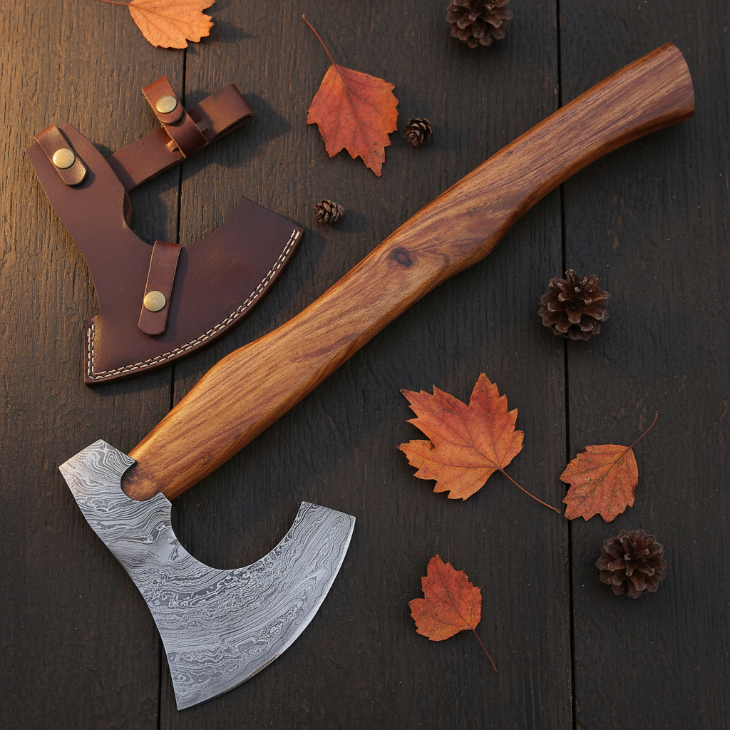 Hand forged Damascus Viking axe flat lay on rustic dark wood with leather blade guard and pine cones