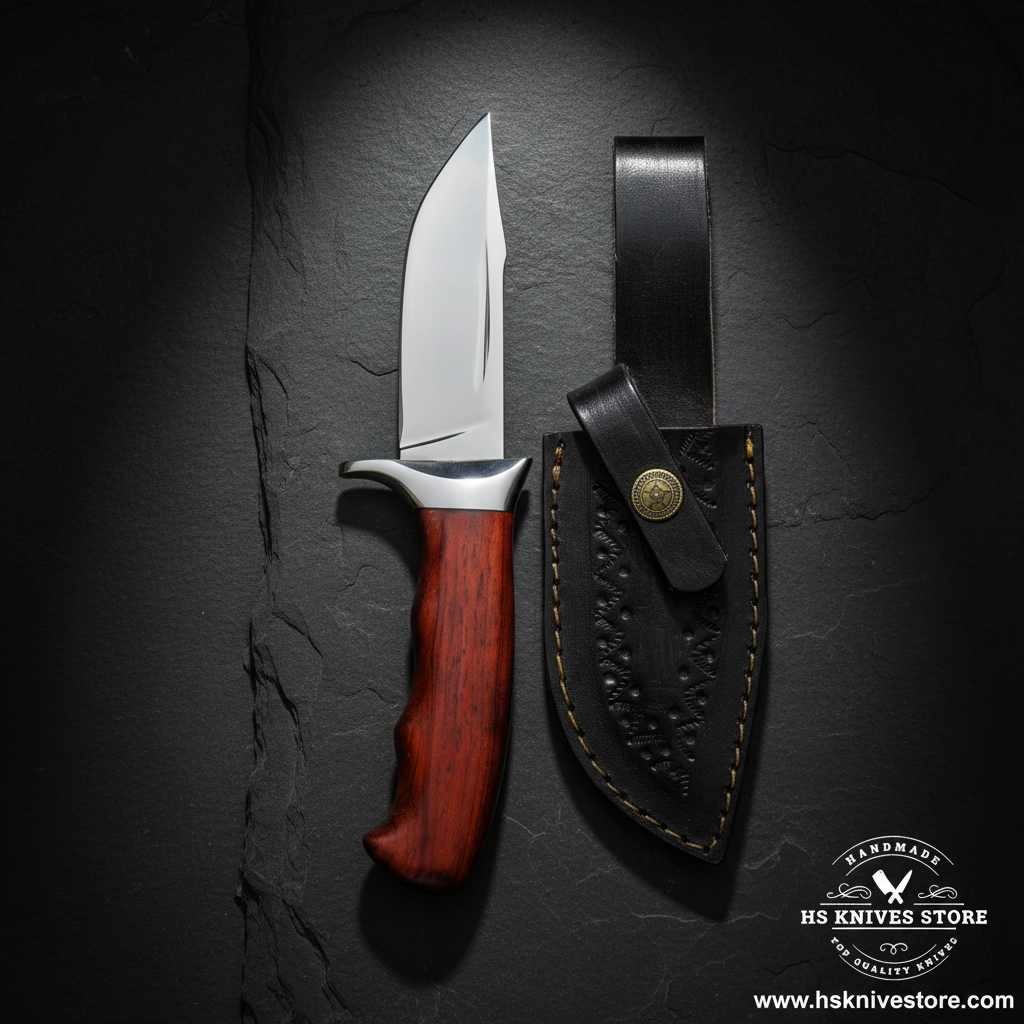 J2 steel skinner hunting knife displayed vertically on dark slate with rosewood handle and black leather sheath luxury shot