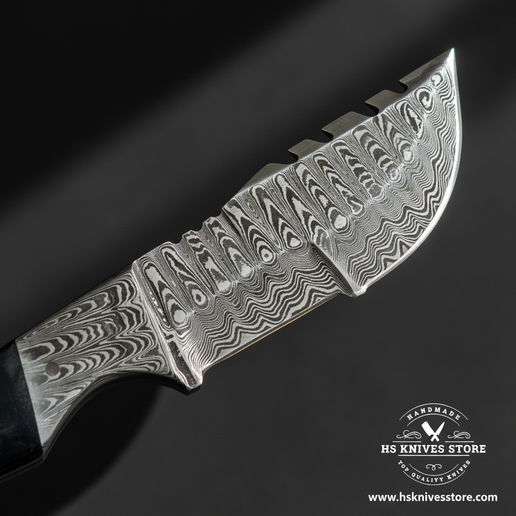 Close-up of Damascus steel gut hook knife blade showing bold layered wavy Damascus pattern and gut hook notch on spine and Damascus bolster macro detail